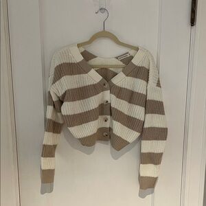 moon & madison Cream and Brown Cropped Off the Shoulder Striped Cardigan